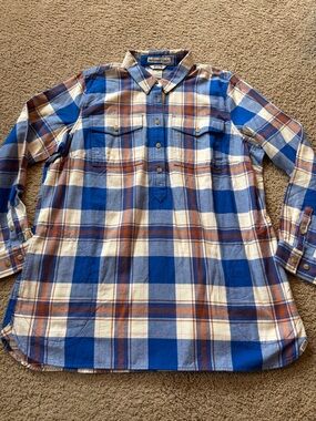 Duluth Trading Co. Free Swingin’ Flannel Tunic Blue Rust Off White plaid XL